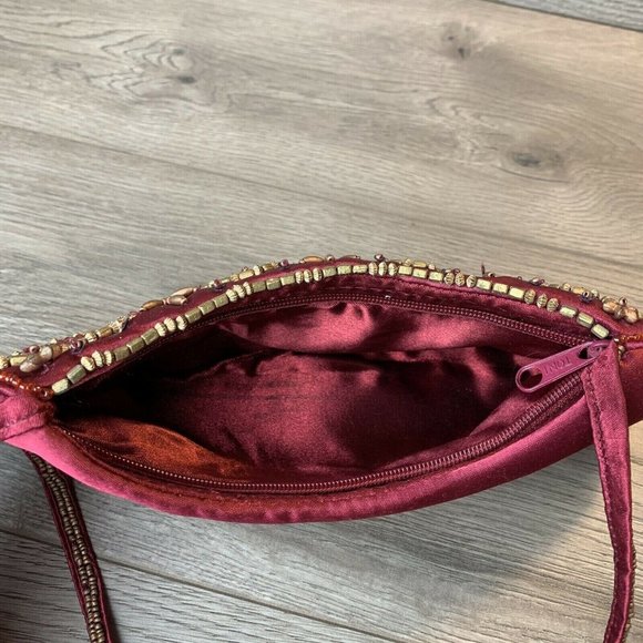 Beaded Purse Clutch Burgundy Satin Copper Gold Color Beads Zip Close, Strap Vtg - Picture 4 of 10